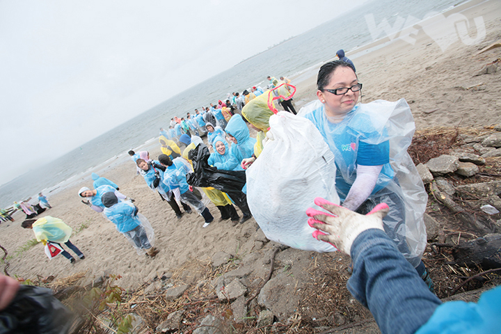 An assembly line of volunteers passing down trash bags