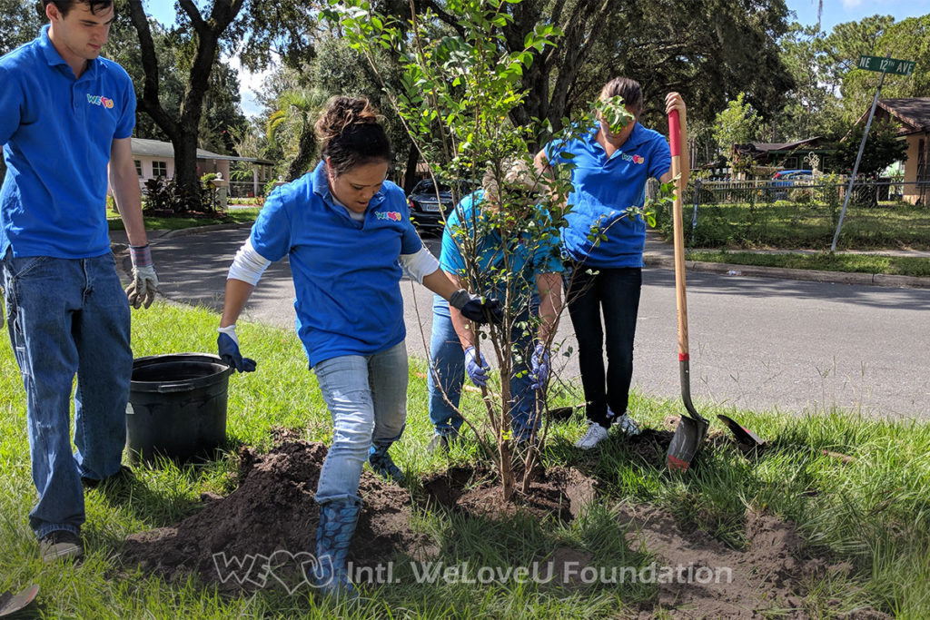 WeLoveU volunteers plant trees in Gainesville Community Garden in Central Florida.