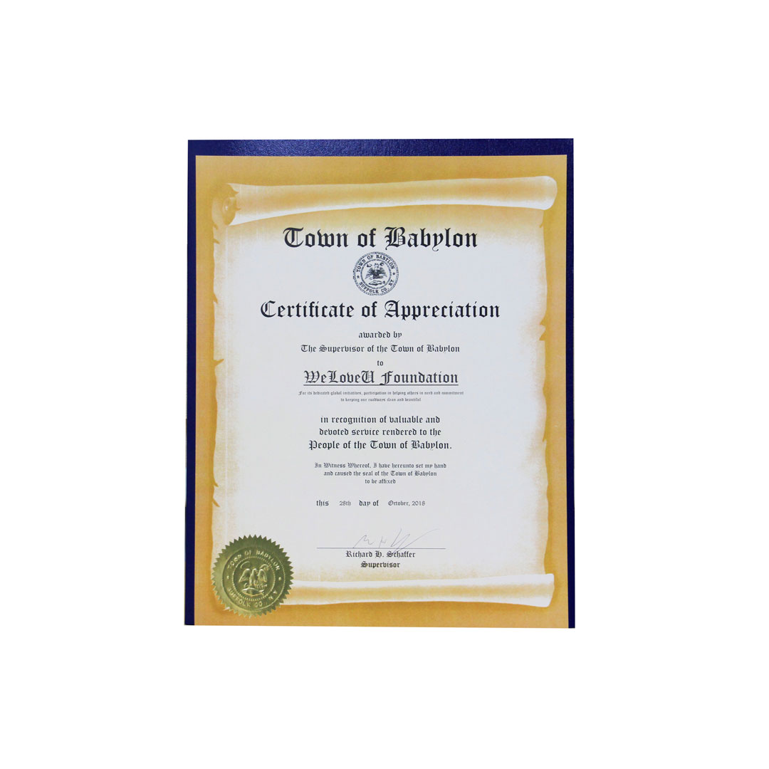 Certificate of Appreciation From Babylon, NY - International WeLoveU ...
