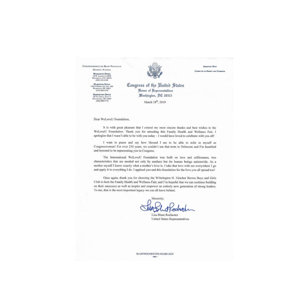 Letter of Appreciation from U.S. Representative Lisa Blunt Rochester