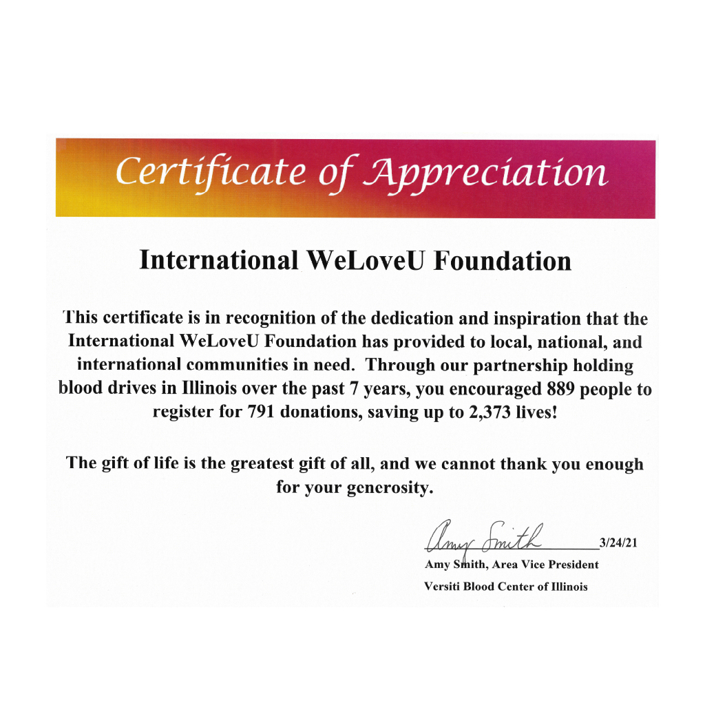 Certificate of Appreciation from Versiti Blood Center of Illinois