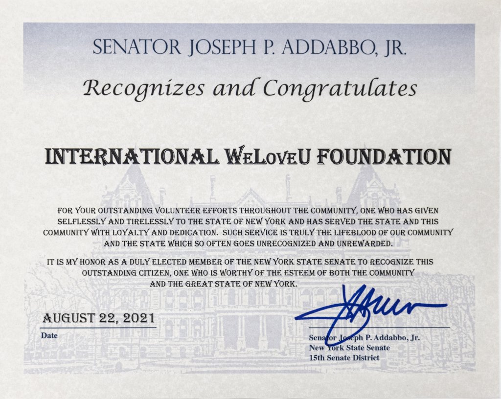 NY Senator Addabbo Jr. presents a Citation to the Intl. WeLoveU Foundation