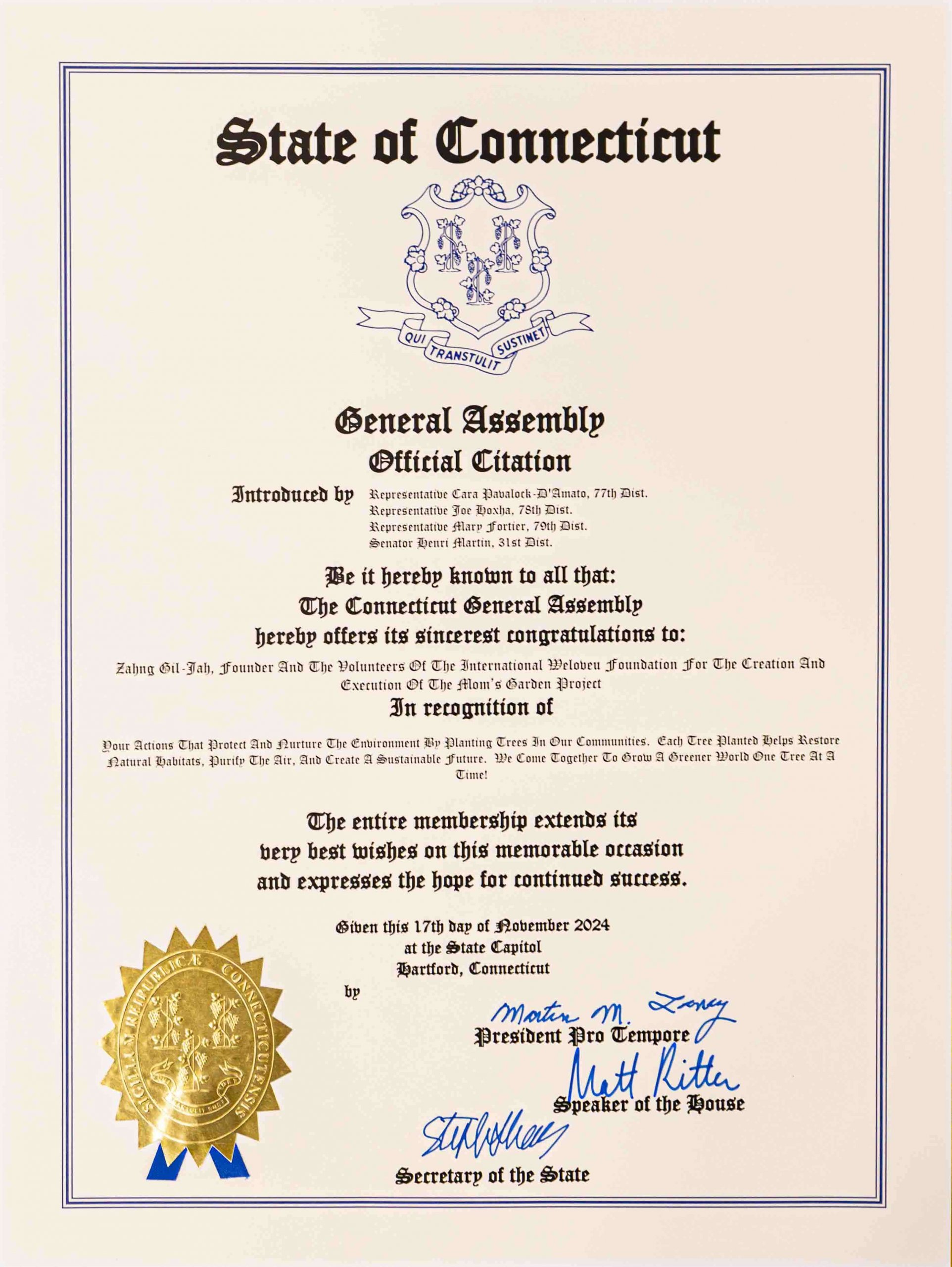 an official citation from the state of Connecticut to the weloveu foundation