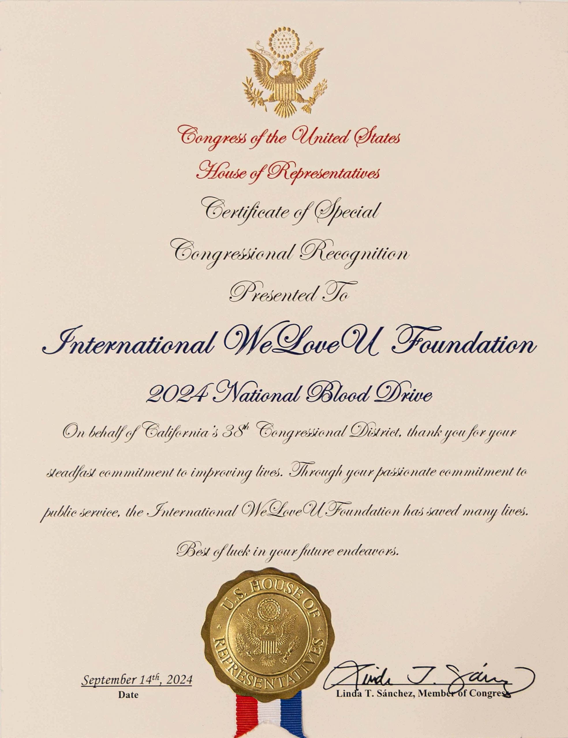 congresswoman presents certificate of special congressional recognition to the weloveu foundation