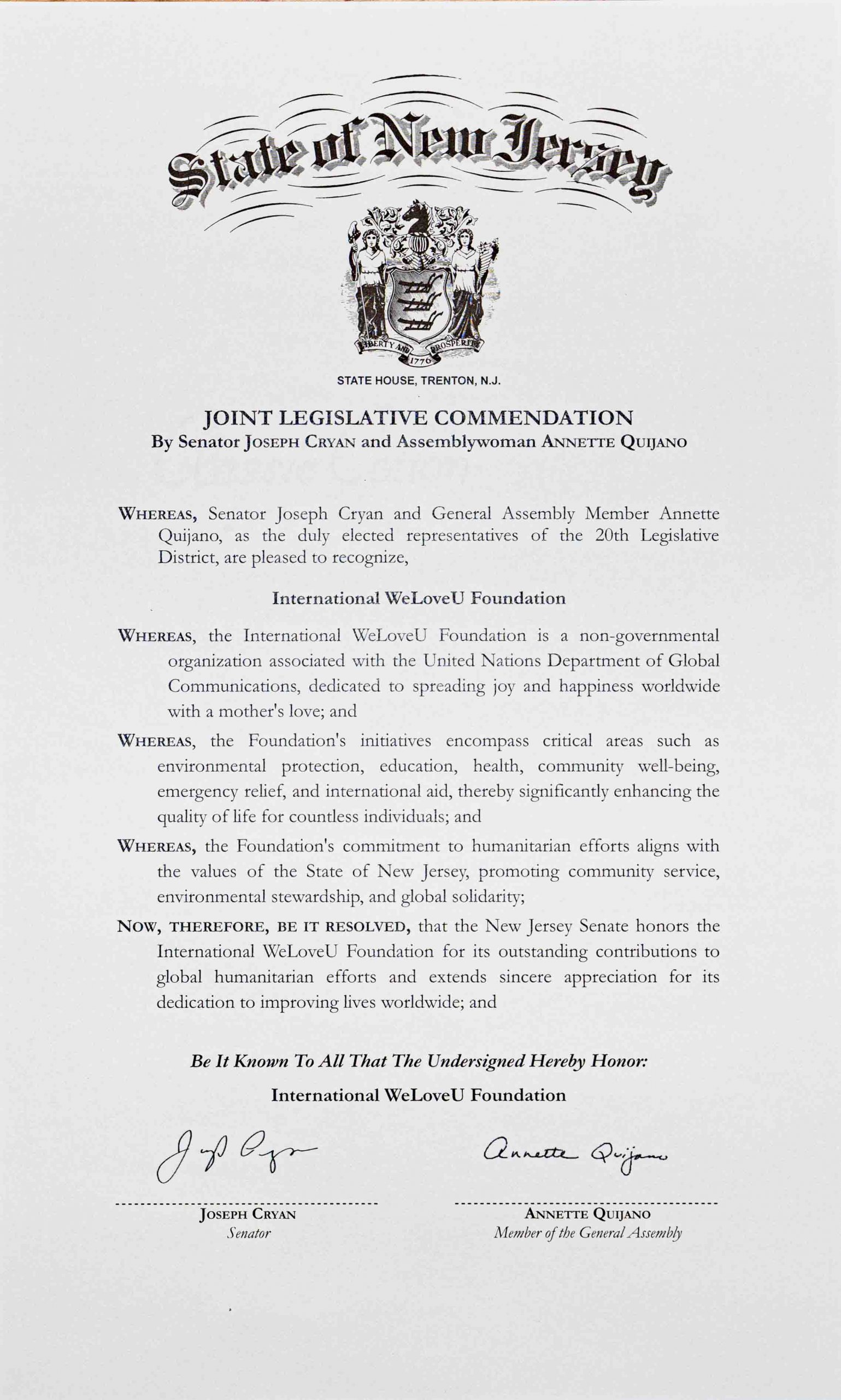 Senator Cryan honors WeLoveU with a joint legislative commendation