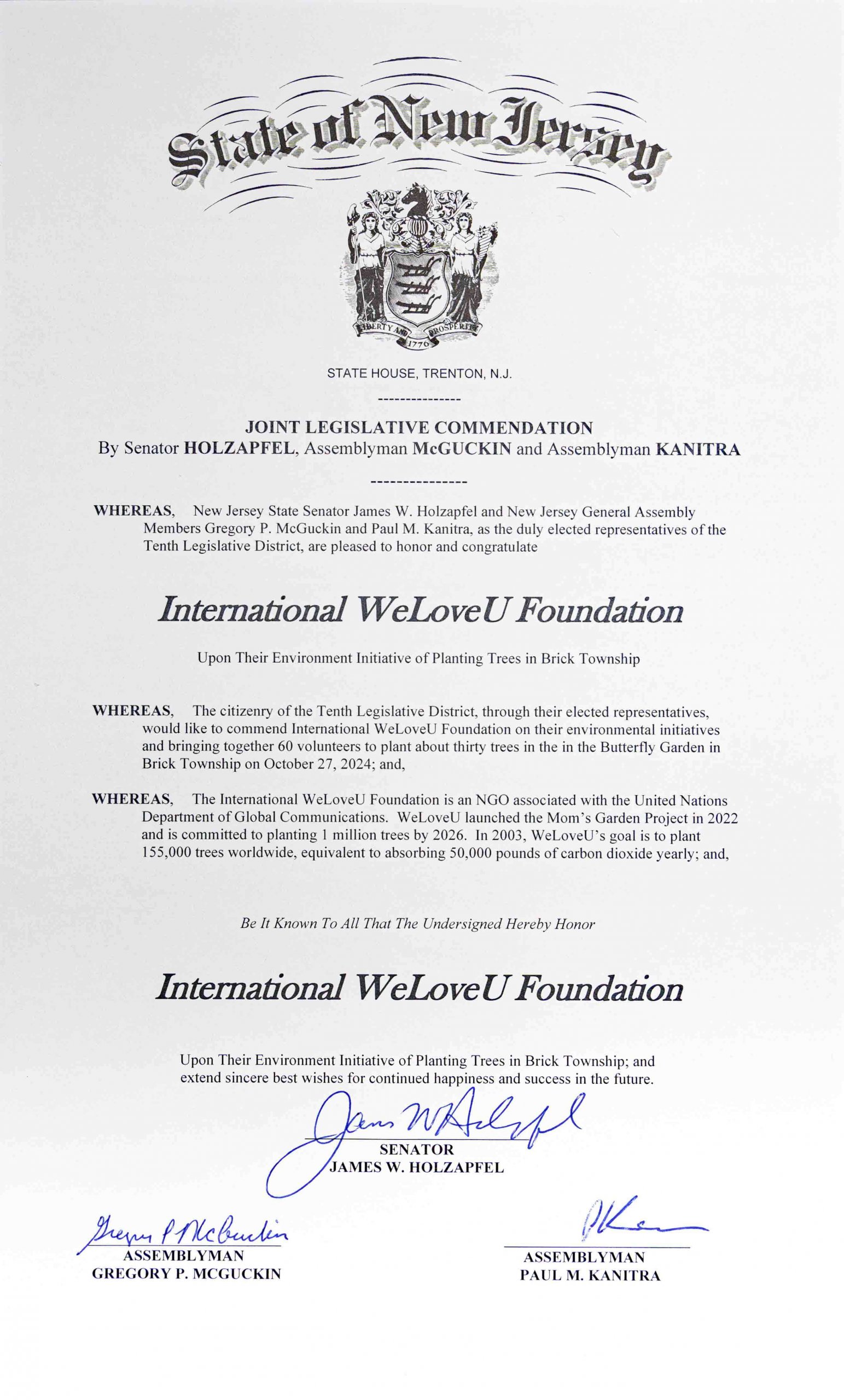 NJ Assembyman Kanitra presents WeLoveU with a joint legislative commendation