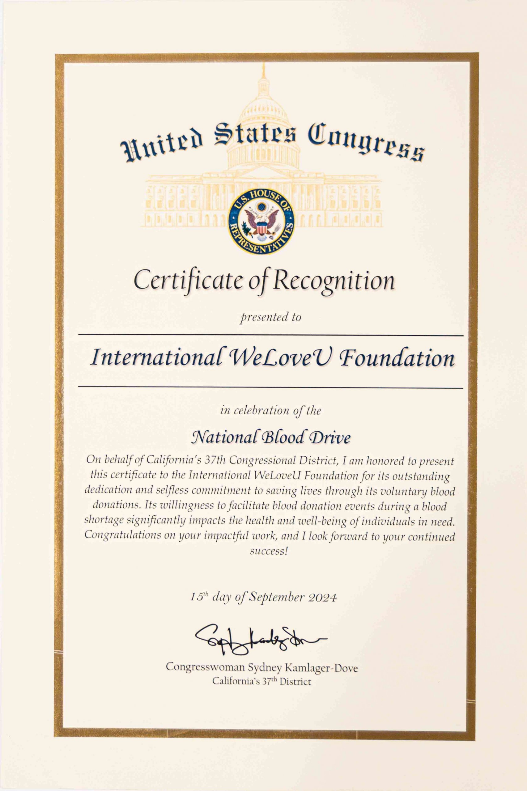 Congresswoman Kamlager-Dove presents WeLoveU with a certificate of recognition