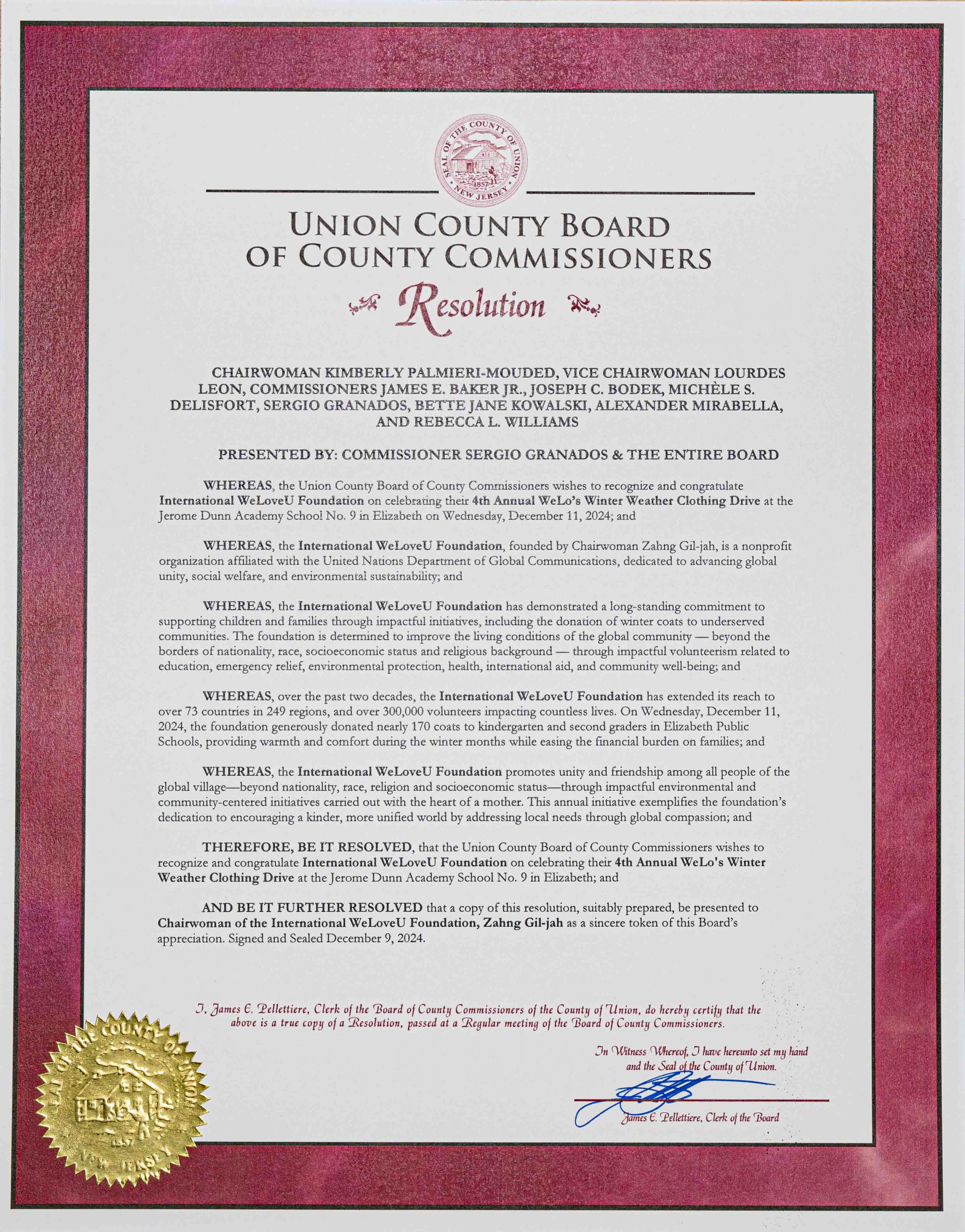 a resolution presented to weloveu for donating new winter coats