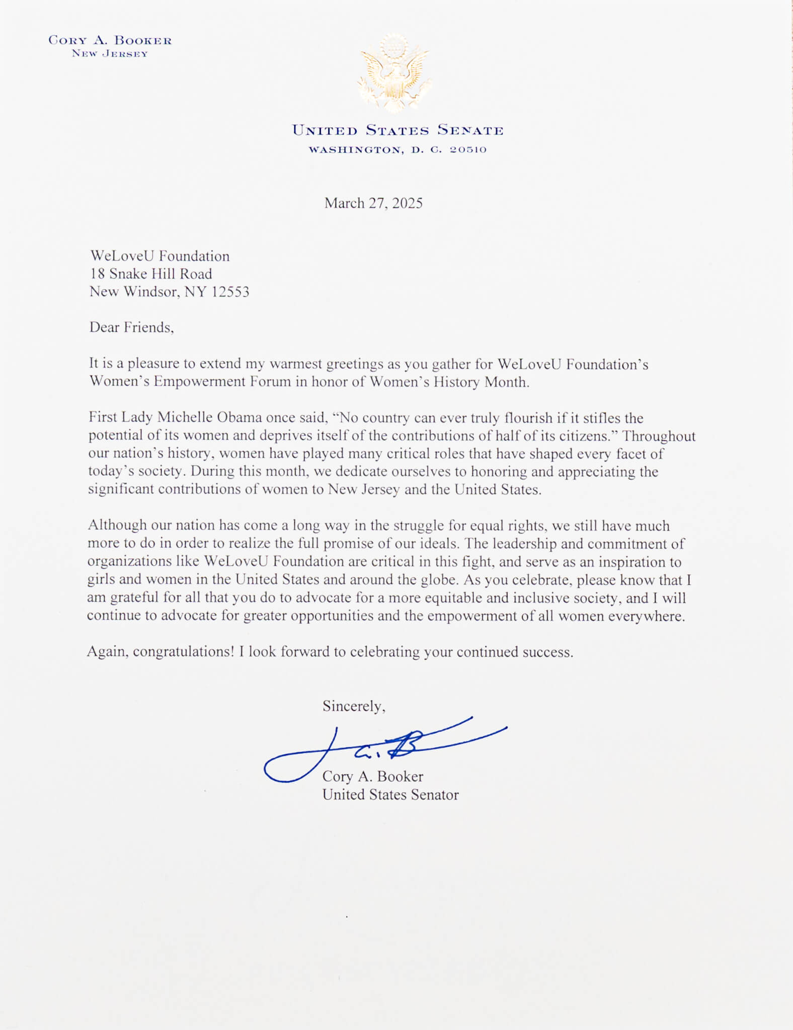 Letter from Cory Booker